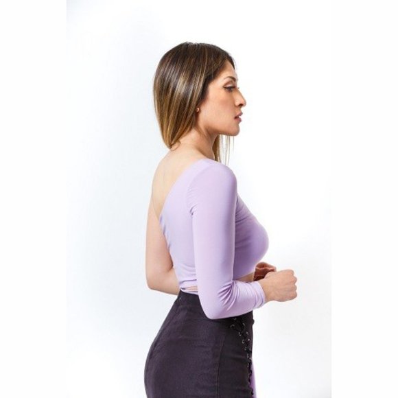 Pink One Shoulder Tie Waist Stretch Crop Top | Long Sleeve Trendy Blouse - Picture 15 of 16